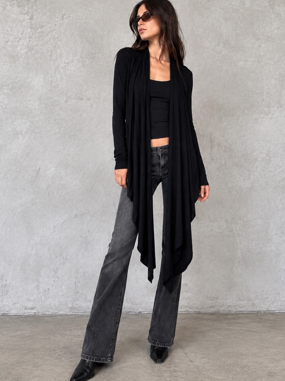 Bebe Vintage Y2K Black Ribbed Waterfall Draped Cardigan P/S Made in USA